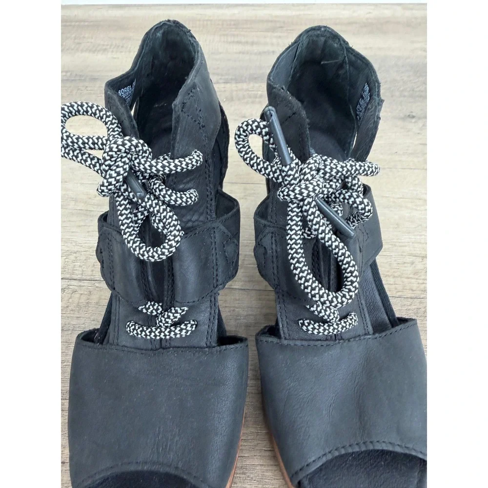 Sorel Joanie Lace Black Leather Wedge Sandals NL2453-010 Womens 8